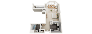 A top-down view of a two-story house with a living room, kitchen, and bedrooms.
