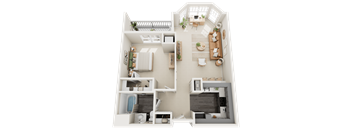 A 3D floor plan of a house with a kitchen, living room, and bedrooms.