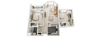 A 3D floor plan of a house with a living room, dining room, kitchen, and bathroom.