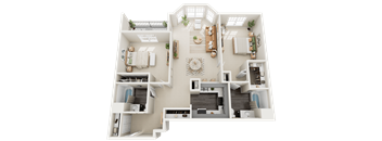 A 3D floor plan of a house showing a living room, kitchen, dining room, and bedrooms.