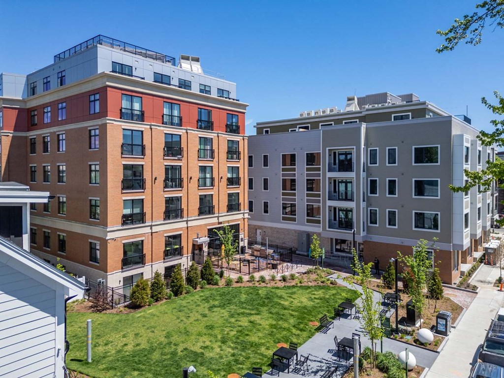 an aerial view of an apartment complex with a lawn  at Union 346, Somerville, MA 02143