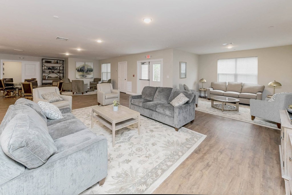 A spacious living room with grey couches and a rug.