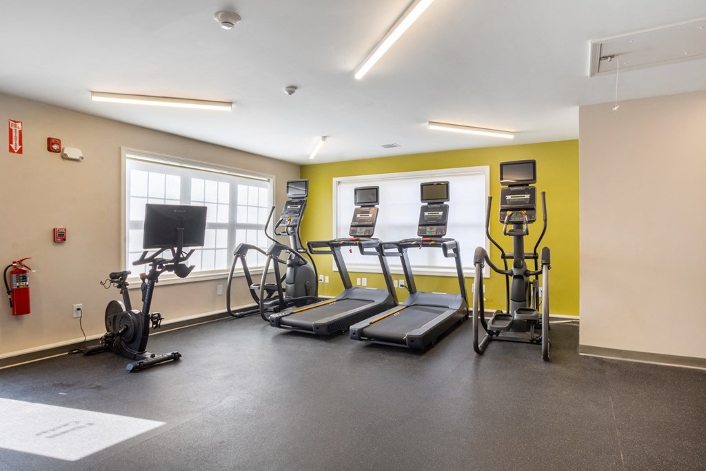 Community Fitness Center with weights and a tv on the wall at Station Pointe Apartments, Mansfield, MA, 02048