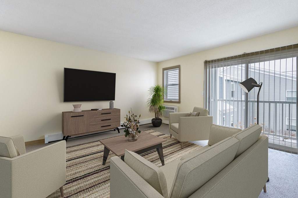 a living room with couches and a table and a television at Blue Hills Village, Canton, MA, 02021