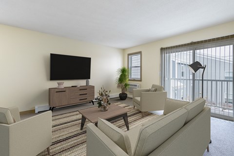 a living room with couches and a table and a television at Blue Hills Village, Canton, MA, 02021