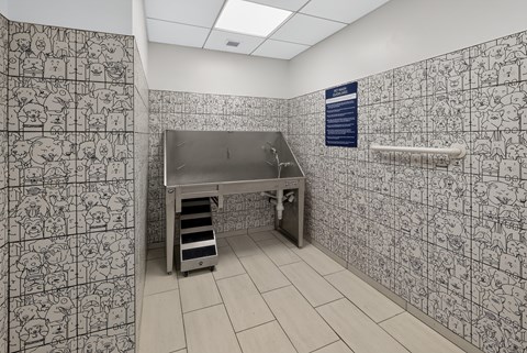 A bathroom with a wallpaper of cartoons.