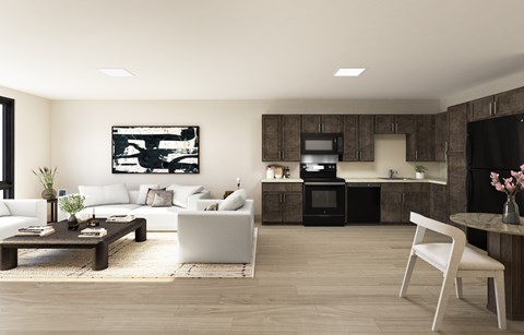 A modern living room with a white sofa, a wooden coffee table, and a white chair.