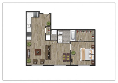 One Bedroom One Bathroom Floorplan Layout of North Square At The Mill District, Amherst, MA.