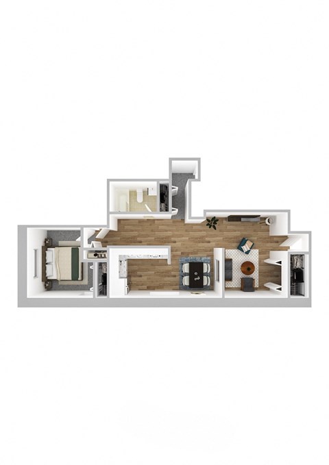 One Bedroom One Bathroom Staged Floor Plan.