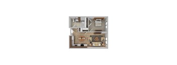 A top-down view of a modern living room with a kitchen area.