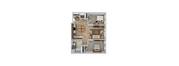 A top-down view of a modern living room with a kitchen area.