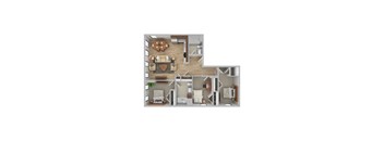 A top-down view of a small apartment with a living room, kitchen, and bathroom.