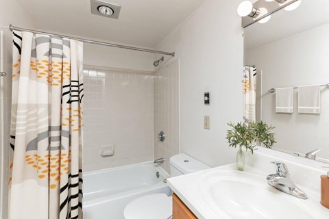 a bathroom with a shower and a sink and a bath tub at Bates Hill Apartments Pittsburgh, PA.