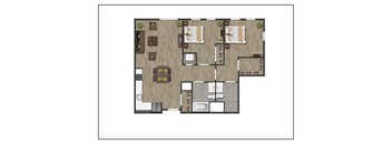 Two Bedroom Two Bathroom Floorplan Layout of North Square At The Mill District, Amherst, MA.