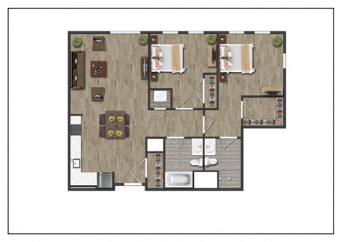 Two Bedroom Two Bathroom Floorplan Layout of North Square At The Mill District, Amherst, MA.