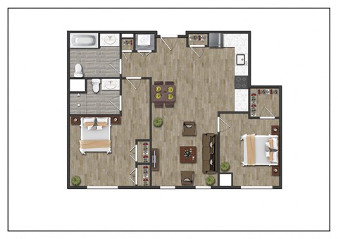 Two Bedroom Two Bathroom Floorplan Layout of North Square At The Mill District, Amherst, MA.