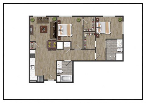 Two Bedroom Two Bathroom Floorplan Layout of North Square At The Mill District, Amherst, MA.