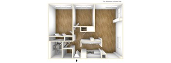 A 3D illustration of a room with furniture.