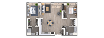 Two Bedroom  Two Bathroom Floor Plan in 3D. at Montgomery Mill Apartments, Connecticut, 06096