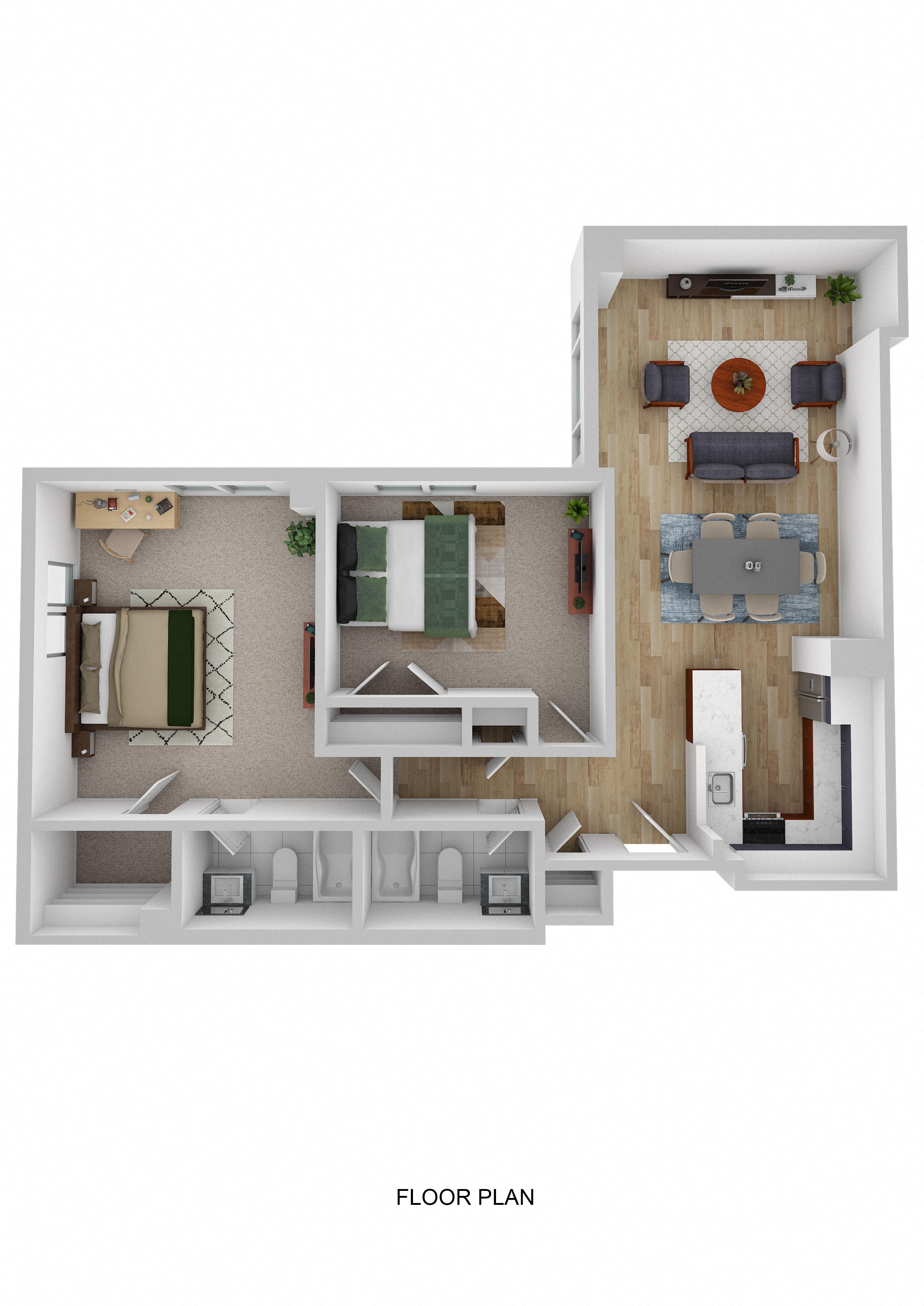 2 Bed 2 Bath 970 Sq. Ft. Floor Plan at Ship's Watch Apartments, Fall River, Massachusetts, 02720