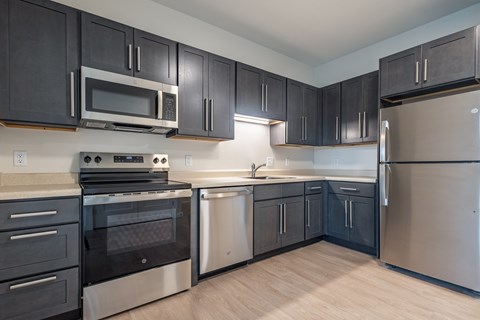 A kitchen with black cabinets and stainless steel appliances at The Atwater at Ninth Square Apartments, Connecticut