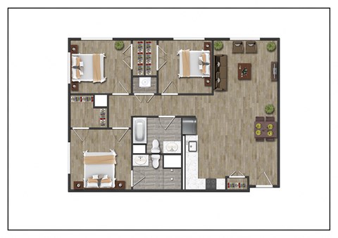 Three Bedroom Two Bathroom Floorplan Layout of North Square At The Mill District, Amherst, MA.