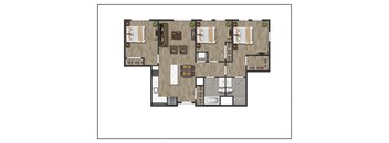 Three Bedroom Two Bathroom Floorplan Layout of North Square At The Mill District, Amherst, MA.