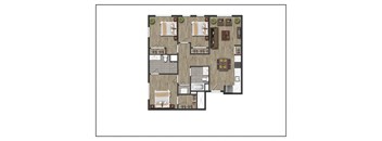 Three Bedroom Two Bathroom Floorplan Layout of North Square At The Mill District, Amherst, MA.