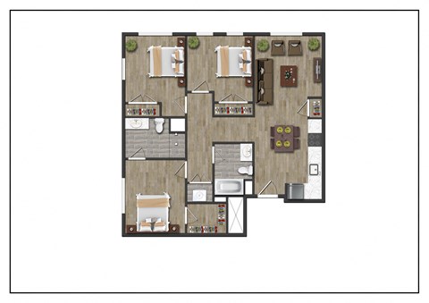 Three Bedroom Two Bathroom Floorplan Layout of North Square At The Mill District, Amherst, MA.