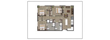 Three Bedroom Two Bathroom Floorplan Layout of North Square At The Mill District, Amherst, MA.