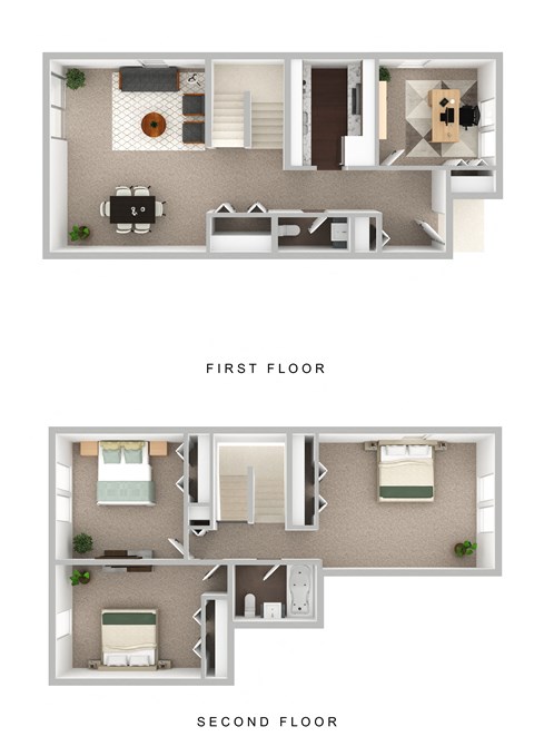 Three Bedroom Two Bathroom Townhome 3D Floor Plan. at Wilkins Glen, Medfield