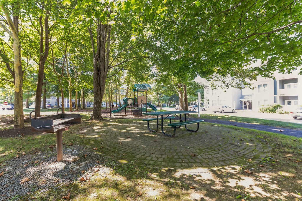 a picnic area with a grill and picnic table in front of a playground at Woodlands at Abington Station, Abington, MA