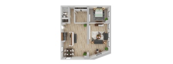 One Bedroom One Bathroom Staged Floor Plan at Brewery Square Apartments, New Haven