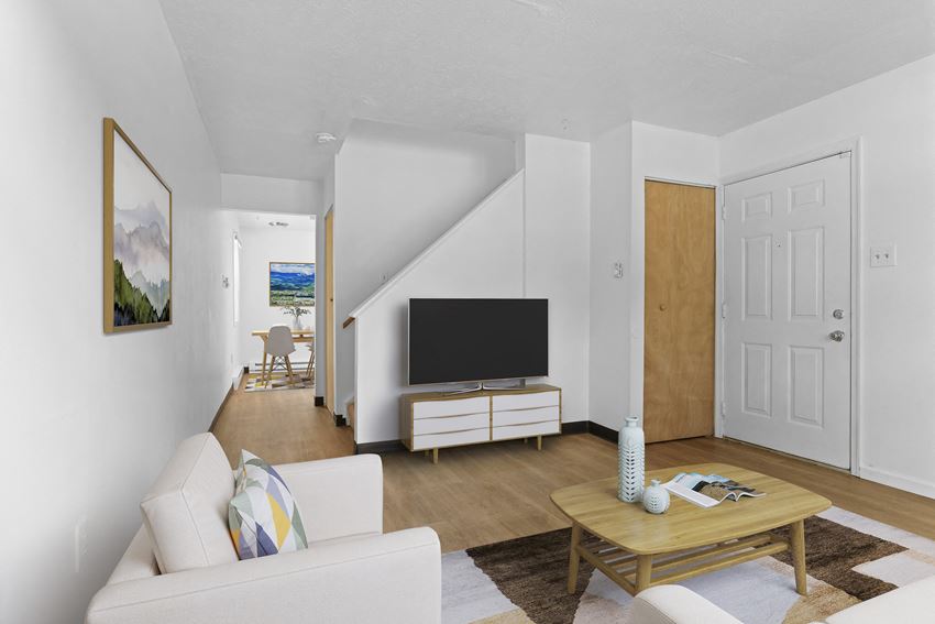 Living Room With White Couch, Coffee Table, And Television. Barclay Heights, Indianan, Pennsylvania.