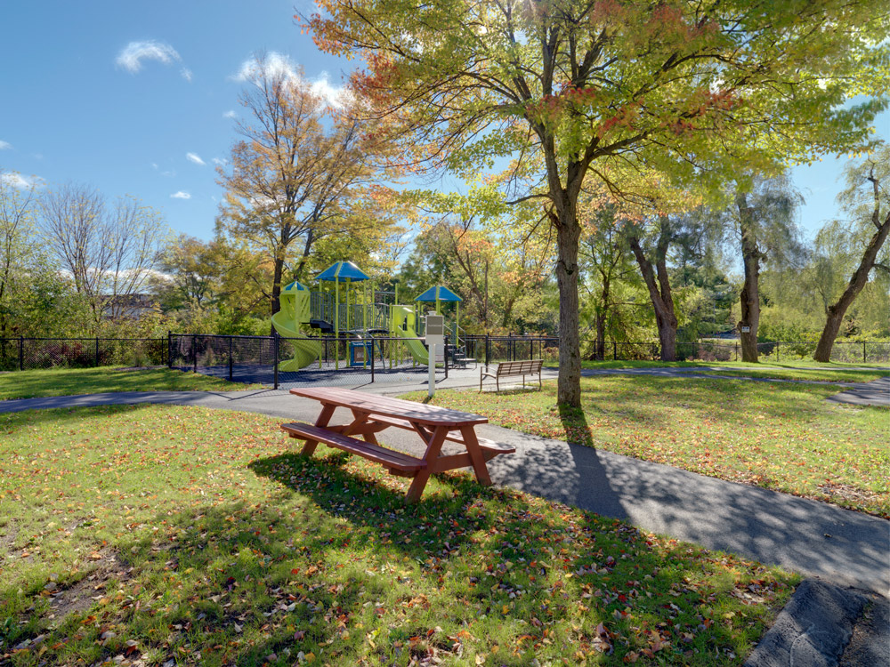 A picnic table sits in a grassy area with a playground in the background.