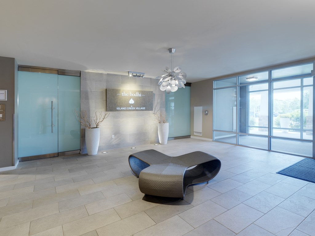 Seating area in lobby at The Bodhi at Island Creek Village, Duxbury, MA