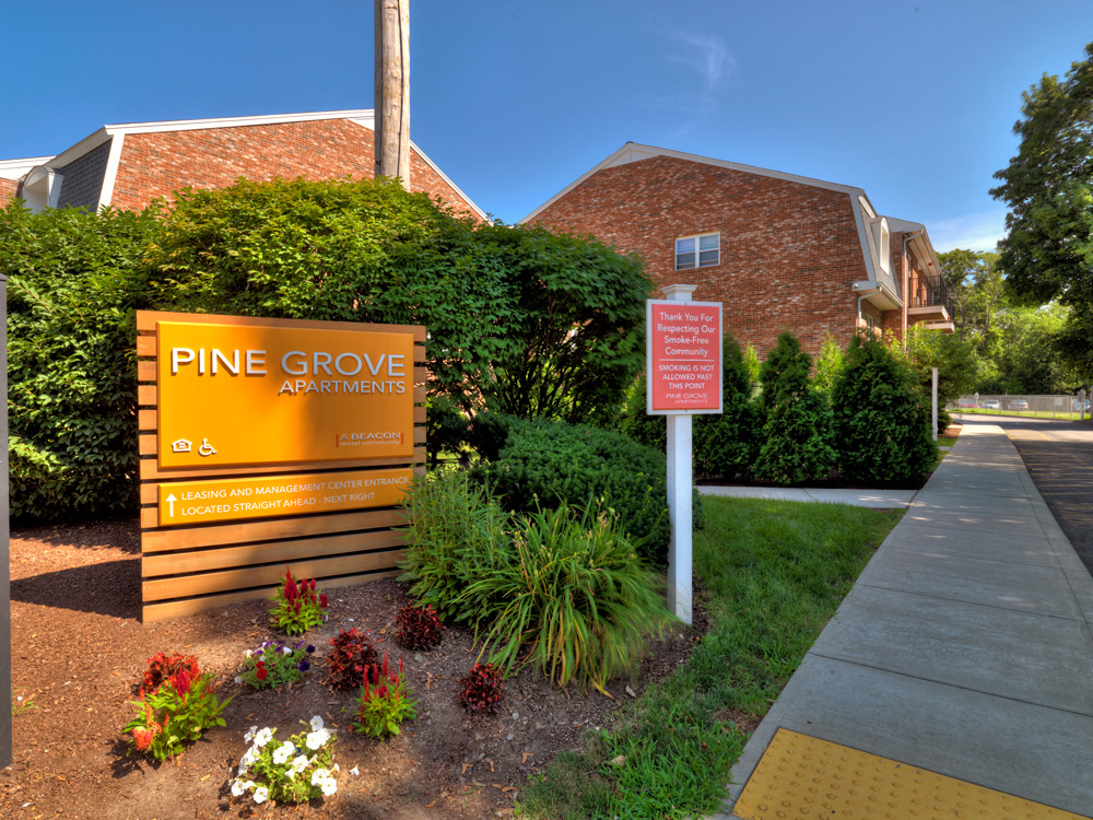 Entrance And Monument Signage at Pine Grove Apartments, Taunton, Massachusetts