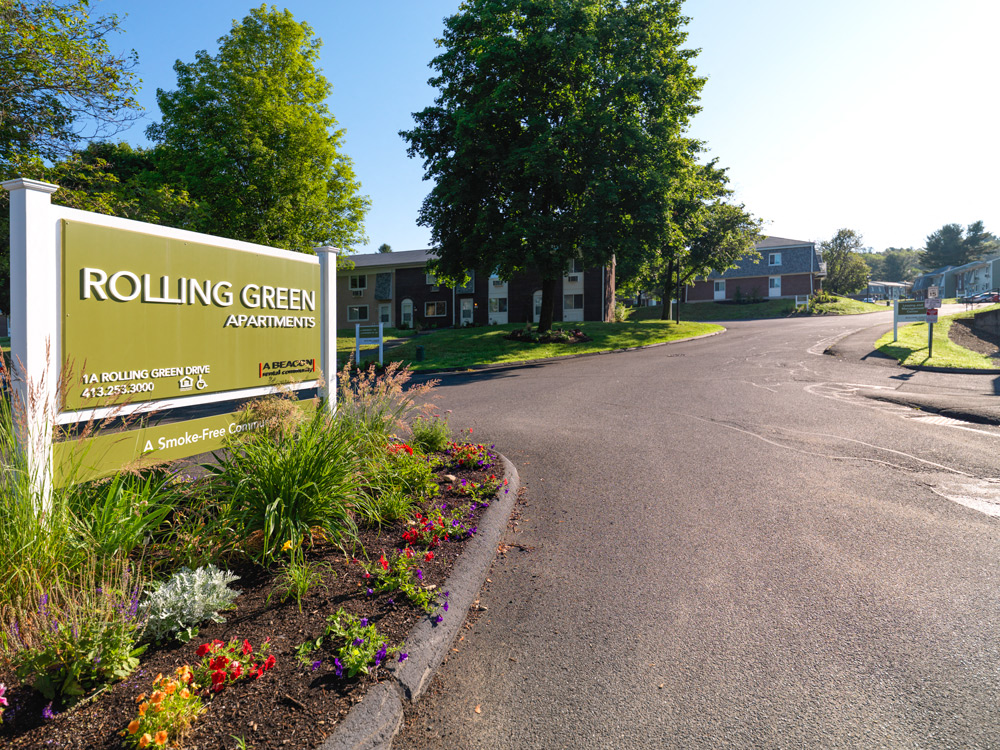 Front entrance at Rolling Green Apartments in Amherst, MA