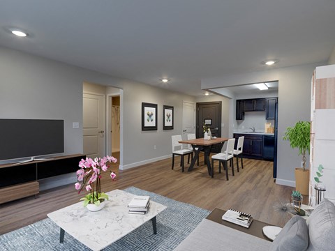 Living Room and Dinning Room View of One Bedroom Floor Plan at Meadows Senior Living Apartments, New Hartford, NY, 13413