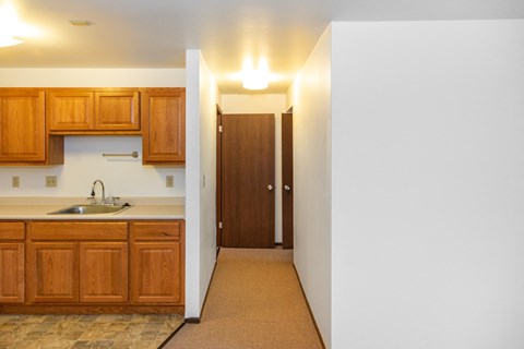 A kitchen with wooden cabinets and a sink.