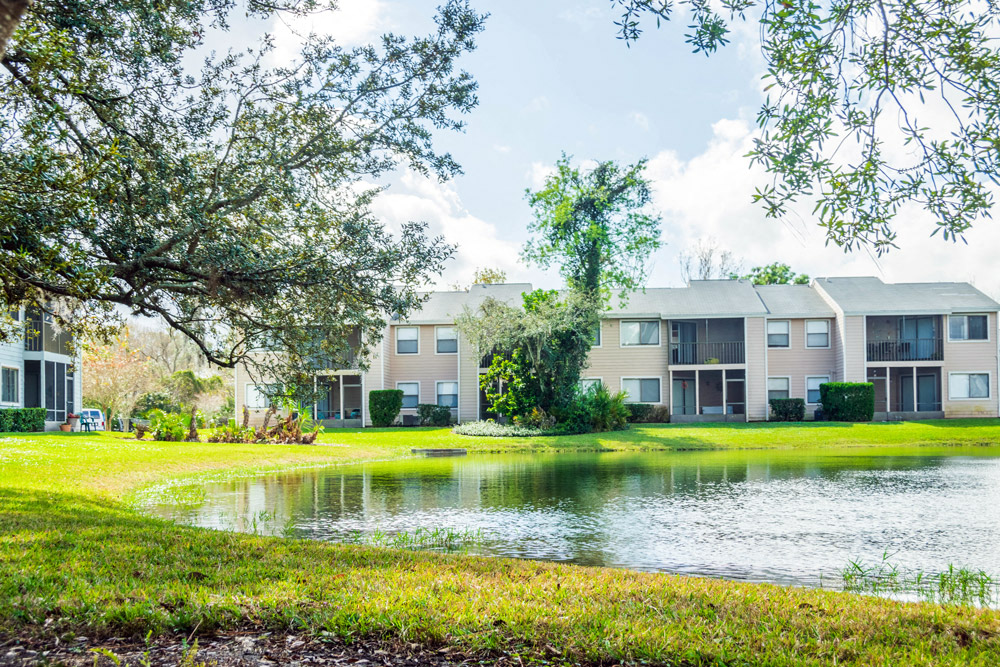 Pond view at Fishermans Landing Apartments in Ormond Beach, FL.