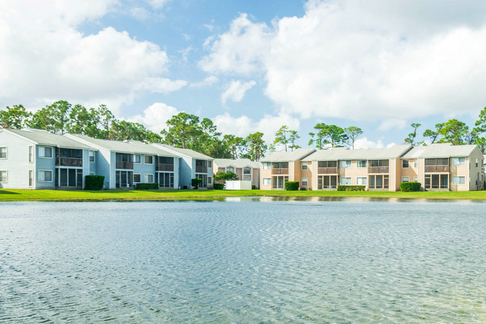 Full Pond view at Fishermans Landing Apartments in Ormond Beach, FL.