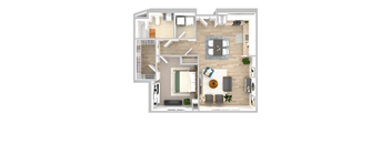 One Bedroom One Bathroom Staged 3D Floor Plan.at The Bodhi at Island Creek Village, Duxbury, MA 02332