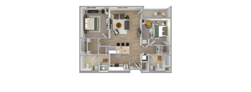 Two Bedroom  One Bathroom Floor Plan in 3D.at The Bodhi at Island Creek Village, Duxbury