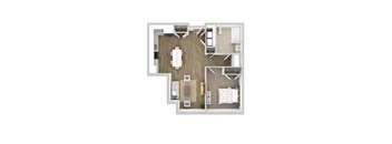 A top-down view of a small apartment with a kitchen, living room, and bedroom.