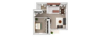 One Bedroom One Bathroom Staged Floor Plan.at The Oak at Island Creek Village, Duxbury