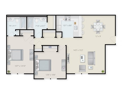 Two Bedroom Two Bath Floor Plan A at  Pondside at Littleton at Pondside at Littleton, Littleton, Massachusetts