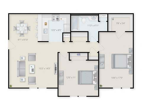 Two Bedroom 1 Bath Floor Plan at  Pondside at Littleton. at Pondside at Littleton, Littleton, MA