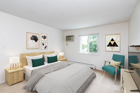 Bedroom With  Bed And Chair And Large Windows at Rolling Green Apartments, Massachusetts