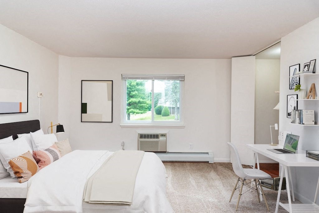Carpeted Bedroom with Large Windows at Rolling Green Apartments, Amherst, MA, 01002